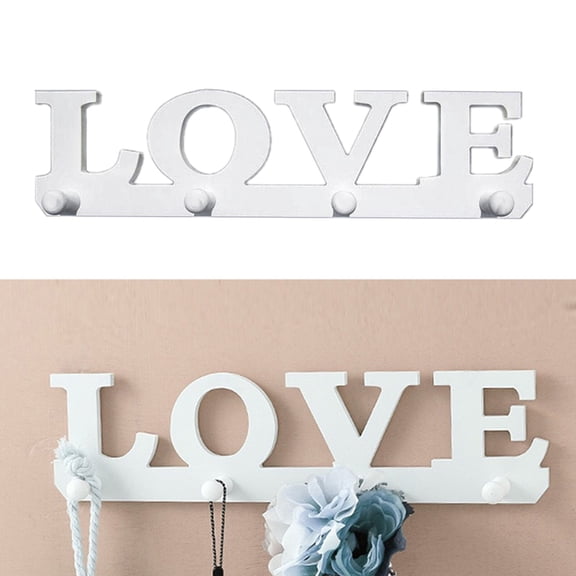 MLINS White Wood Hook with Simple Love English Word Design, Decorative Wall Hook for Bedroom, Living Room, Bathroom, Dining Room