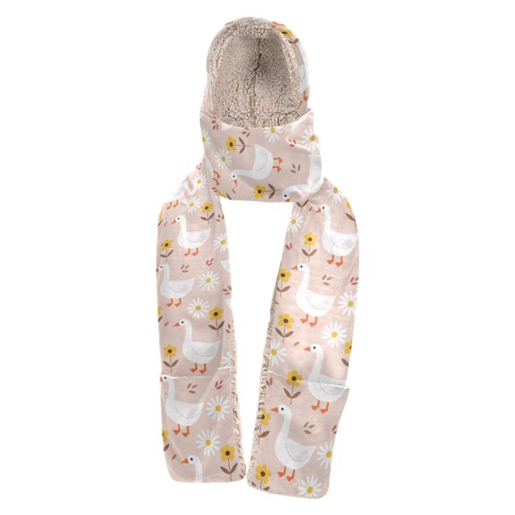 BZSMCE 3‑in‑1 Hooded Scarf with Pockets Soft Plush Lined Winter Hat Scarf Gloves Combo Cute Goose Print Warm Neck Wrap for Outdoor Skiing Walking