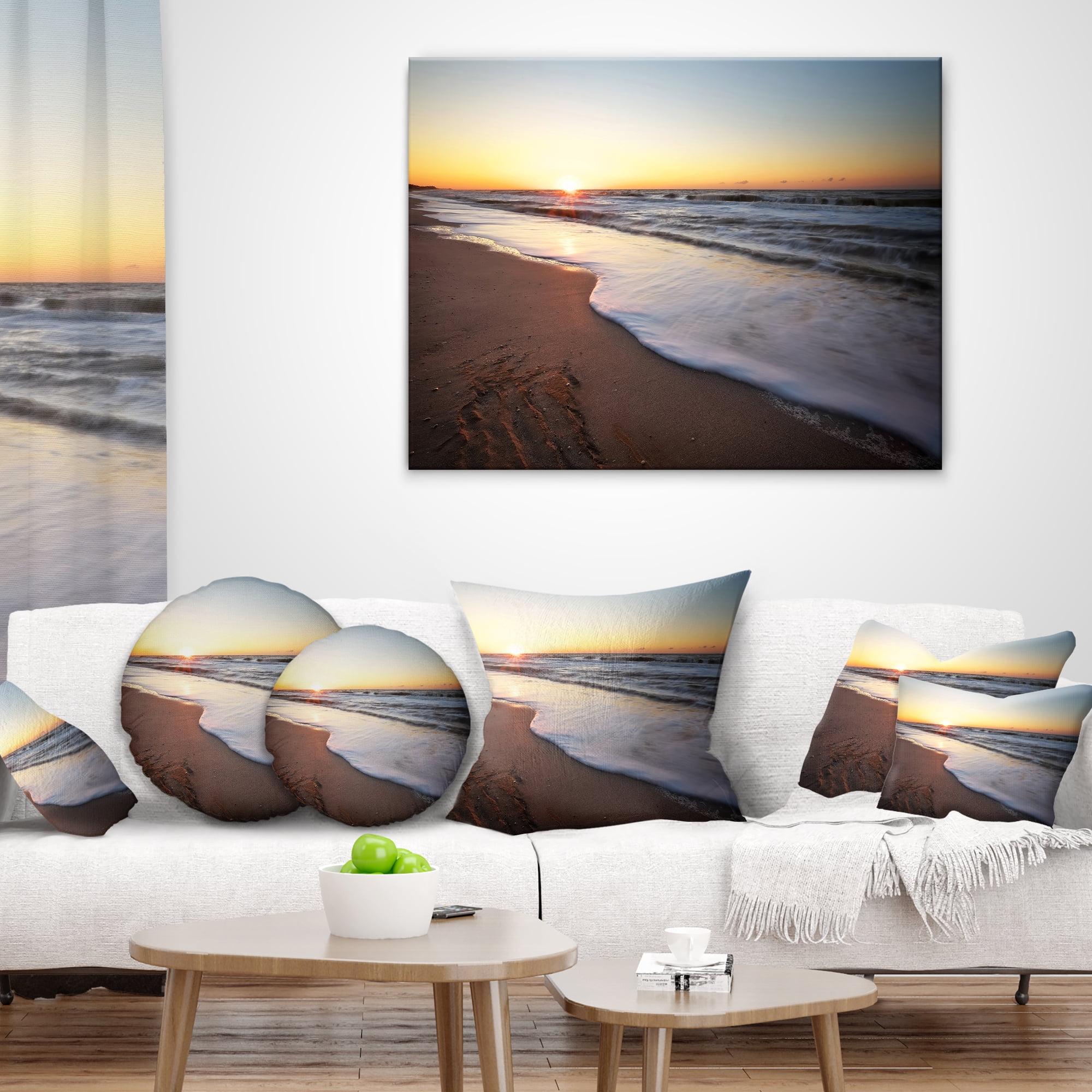 Designart Seashore under Fiery Sunset Sky - Modern Seashore Throw Pillow - 18x18