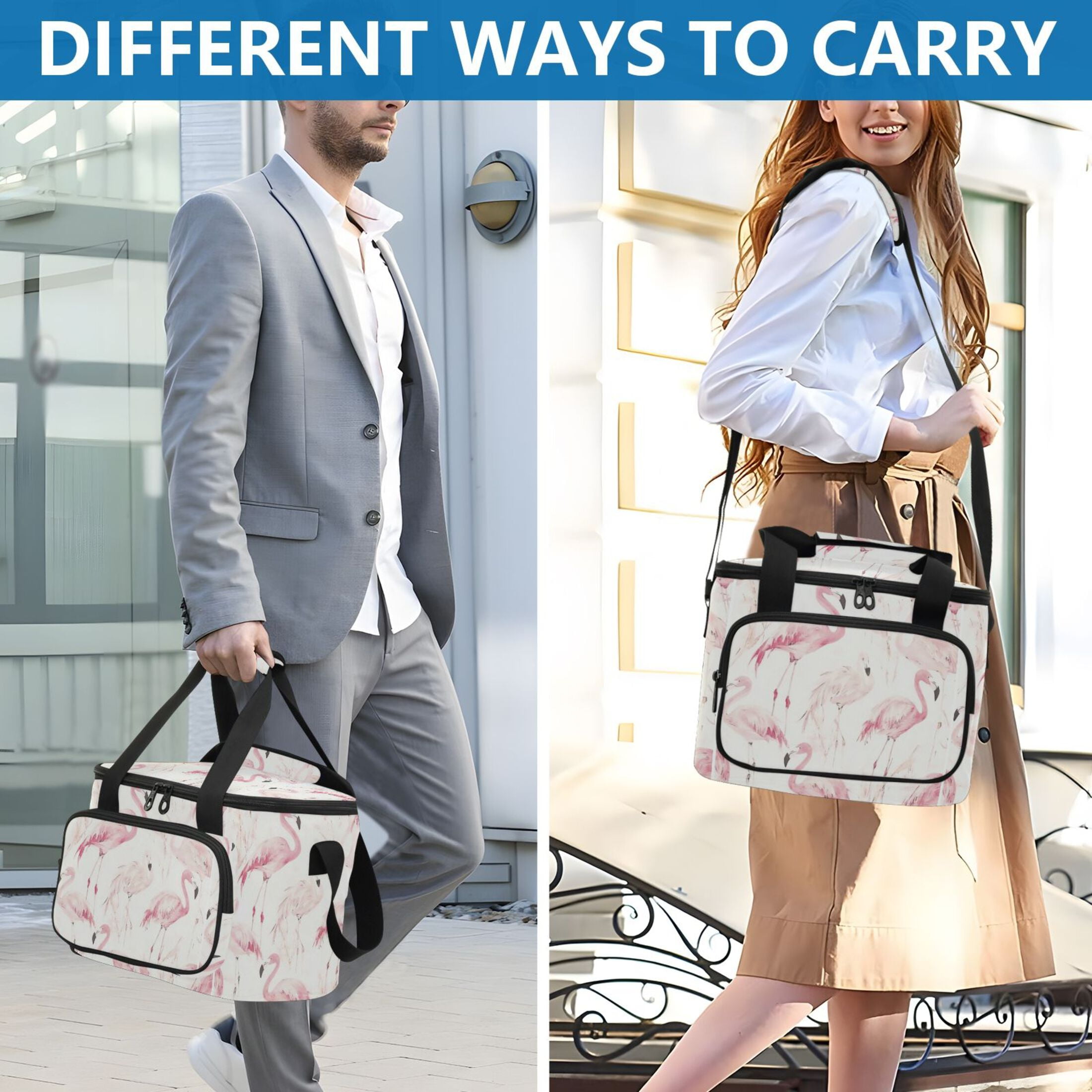 Insulated Cooler Bag with Multiple Pockets Lightweight Lunch Box Tote for Travel Beach Camping Office Pink Flamingos
