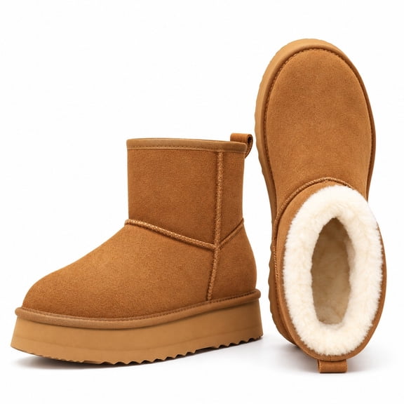 Crestar Platform Mini Boots for Women, Genuine Suede Fuzzy Ankle Snow Boots with Fur Lined, Chestnut