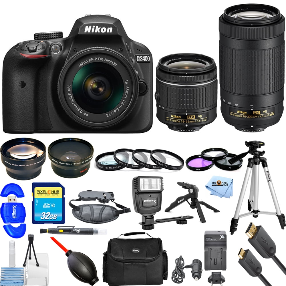 Nikon D3400 DSLR Camera W/ 1855mm + 70300mm VR Lenses!! PRO BUNDLE