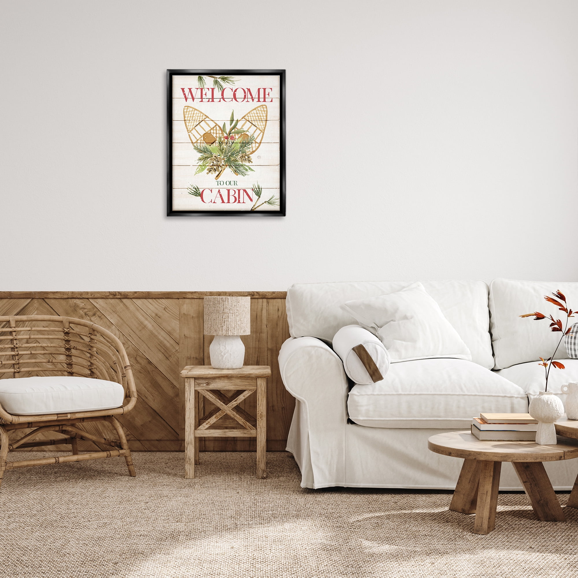 Stupell Industries Rustic Cabin Welcome Botanical & Floral Painting Black Floater Framed Canvas Art Print Wall Art, 25 x 31