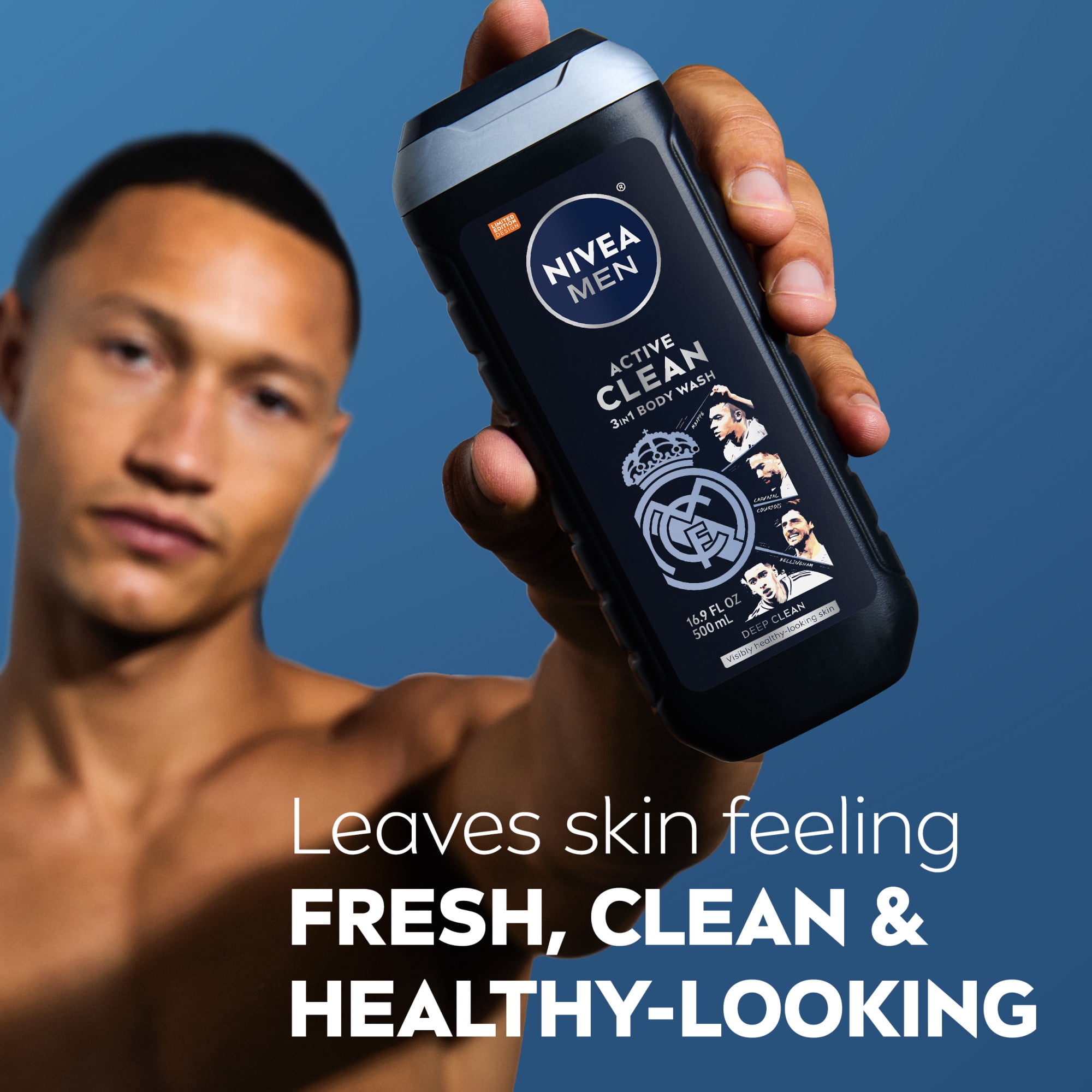 NIVEA MEN Real Madrid Limited Edition Design Active Clean 3-in-1 Men's Body Wash with Charcoal, Vanilla Bourbon Scent, 16.9 fl oz