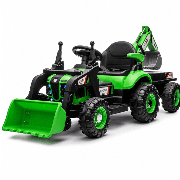 24V Kids Ride On Electric Tractor Toy with 4-in-1 Construction Attachments, Excavator Dump Truck Bulldozer Ride On Car with Parent Remote, 3 Speeds, Swivel Seat, Music, LED Tail Light, Green