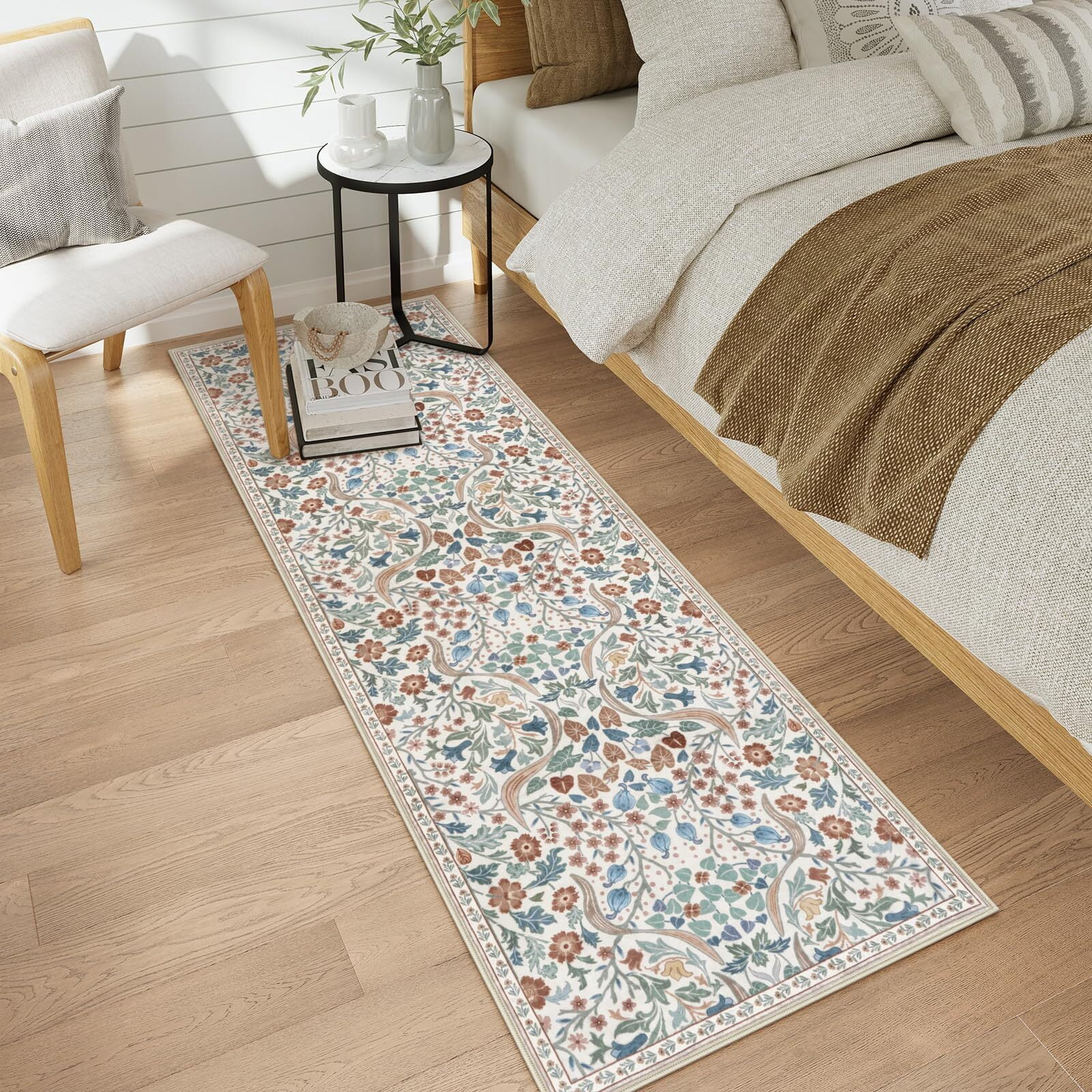 Lahome 2'x6' Floral Hallway Runner Rug, 2x6 Kitchen Runner Rug Non Skid Washable, Boho Soft Bathroom Carpet Runner Rug, Ultra Thin Botanical Runners for Laundry Bedroom, Beige