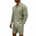 thumbnail image 5 of Maqroz Mens 2 Piece Outfits 2 Piece Casual Long Sleeve Summer Set Button Down Lapel Shirt & Elastic Waist Shorts Solid Lightweight Formal Dailywear, 5 of 9