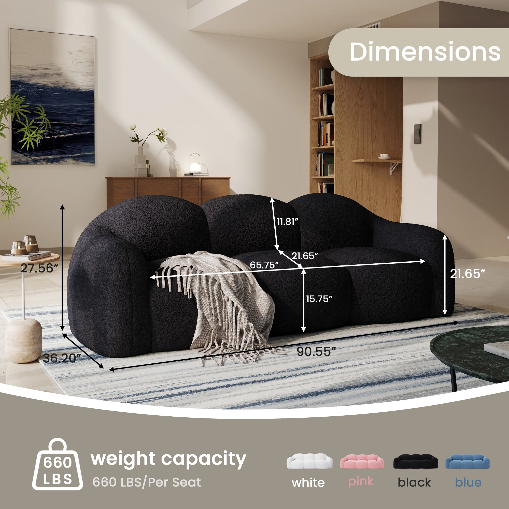 The Magic Home 90" Modern Cloud Couch for Living Room, Boucle LoveSeat 3 Seater Sofa, Plush Floor Sofa Couch for Bedroom, Apartment, Small Space (Black Couch, No Assembly Required)