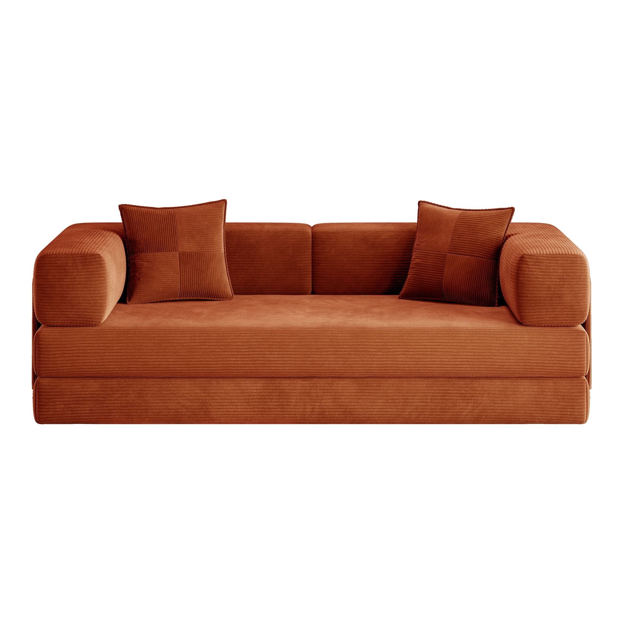 Leumius 79 Inch Convertible Sofa Bed,5-in-1 Corduroy Floor Sofa with High-Density Foam,Metal Back and Arm Supports, Washable Cover and Side Pockets,Orange