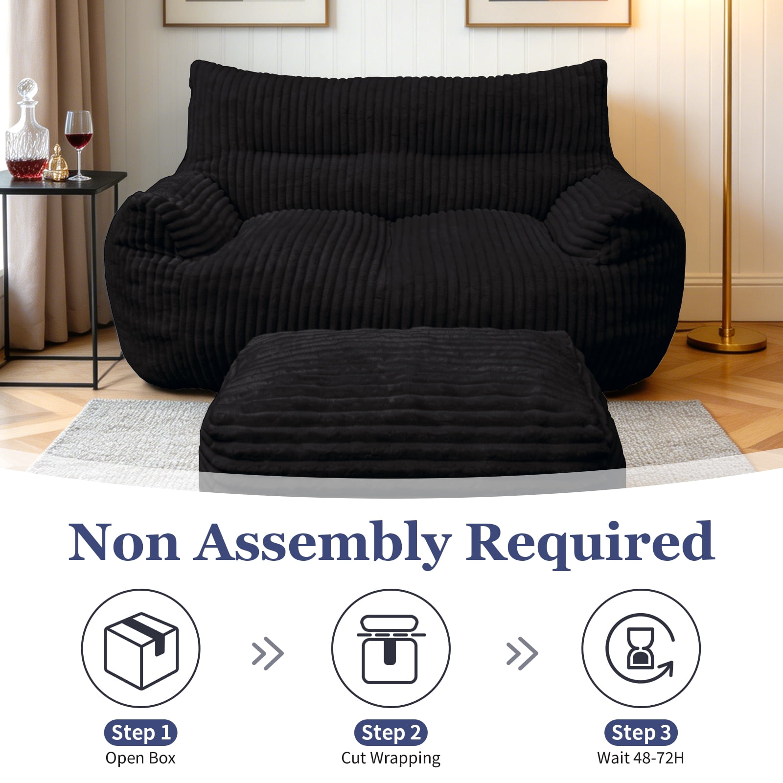 MOONMISS Corduroy Double Bean Bag Sofa with Ottoman 2-Seater Cloud Soft for Living Room Bedroom,Black