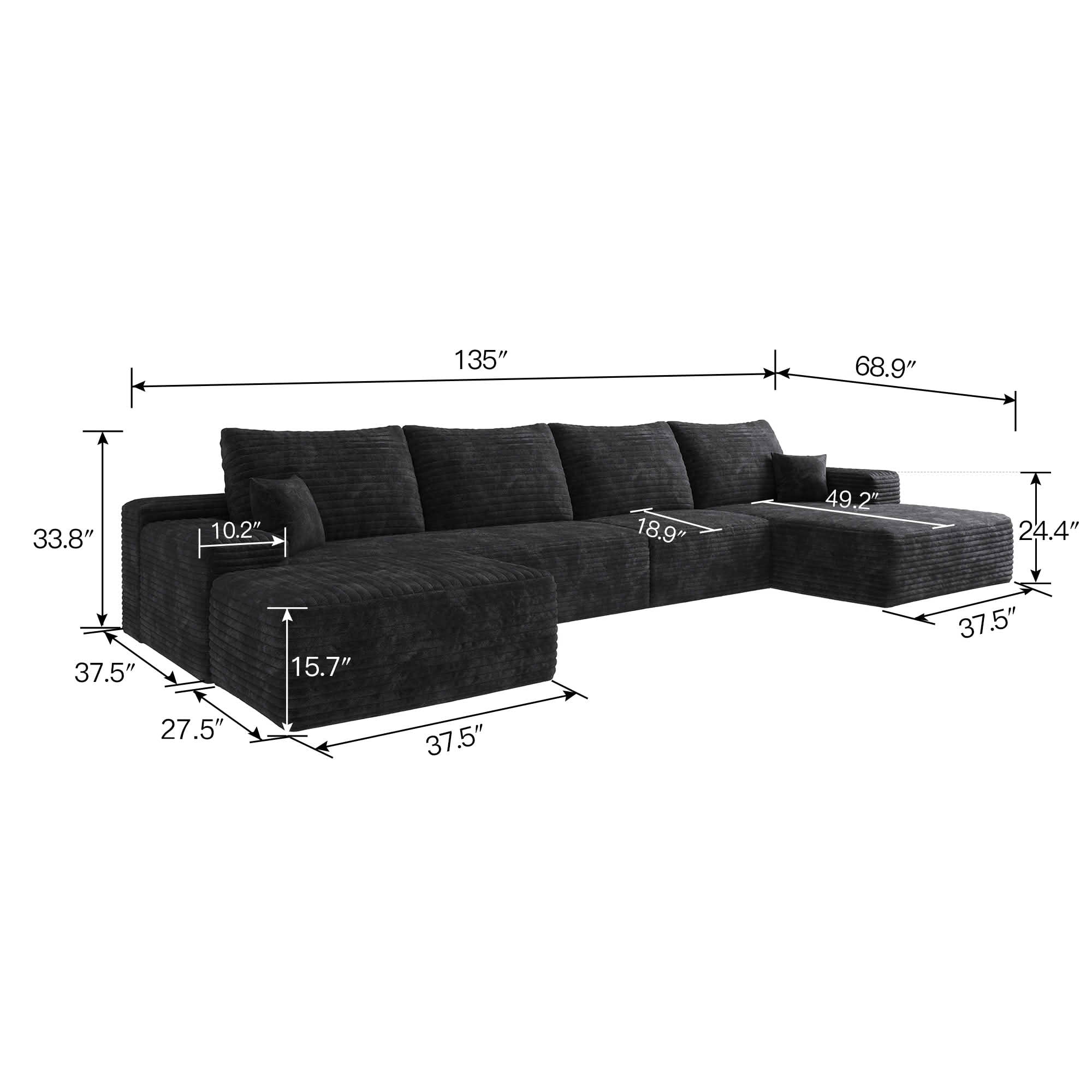 MAYEERTY 135 Inch U‑Shaped Cloud Modular Sectional Sofa with 1 Ottoman, Modern Deep‑Seat Corner Couch, Plush Corduroy Reversible Sofa, No‑Assembly for Living Room Bedroom Apartment