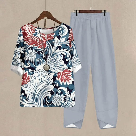 Teissuly Women's Casual Round Neck Short Sleeve Top And Pants Digital Printing Two-piece Set