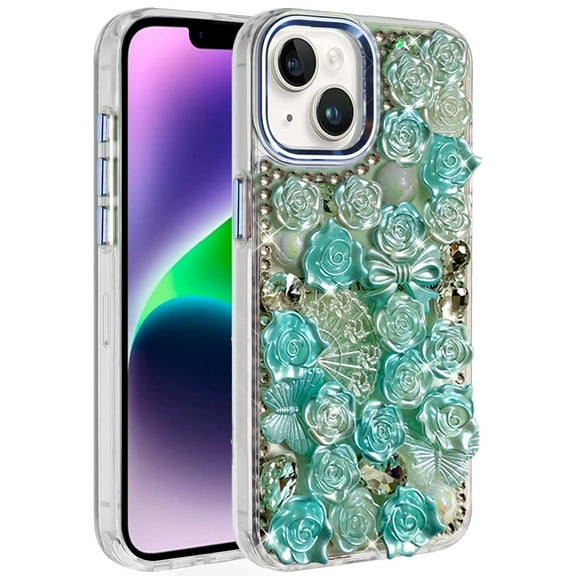 For iPhone 13/14 Muti-Color Floral Bling Stones Ornaments Case - Blue