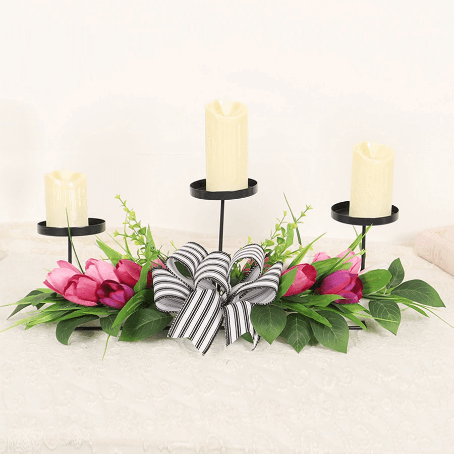Spring Summer Table Centerpiece - Artificial Tulip Flowers with Eucalyptus Leaves & Bows, Candle Holder for Dining Room, Outdoor Home Decor (Floral Farmhouse Decor)
