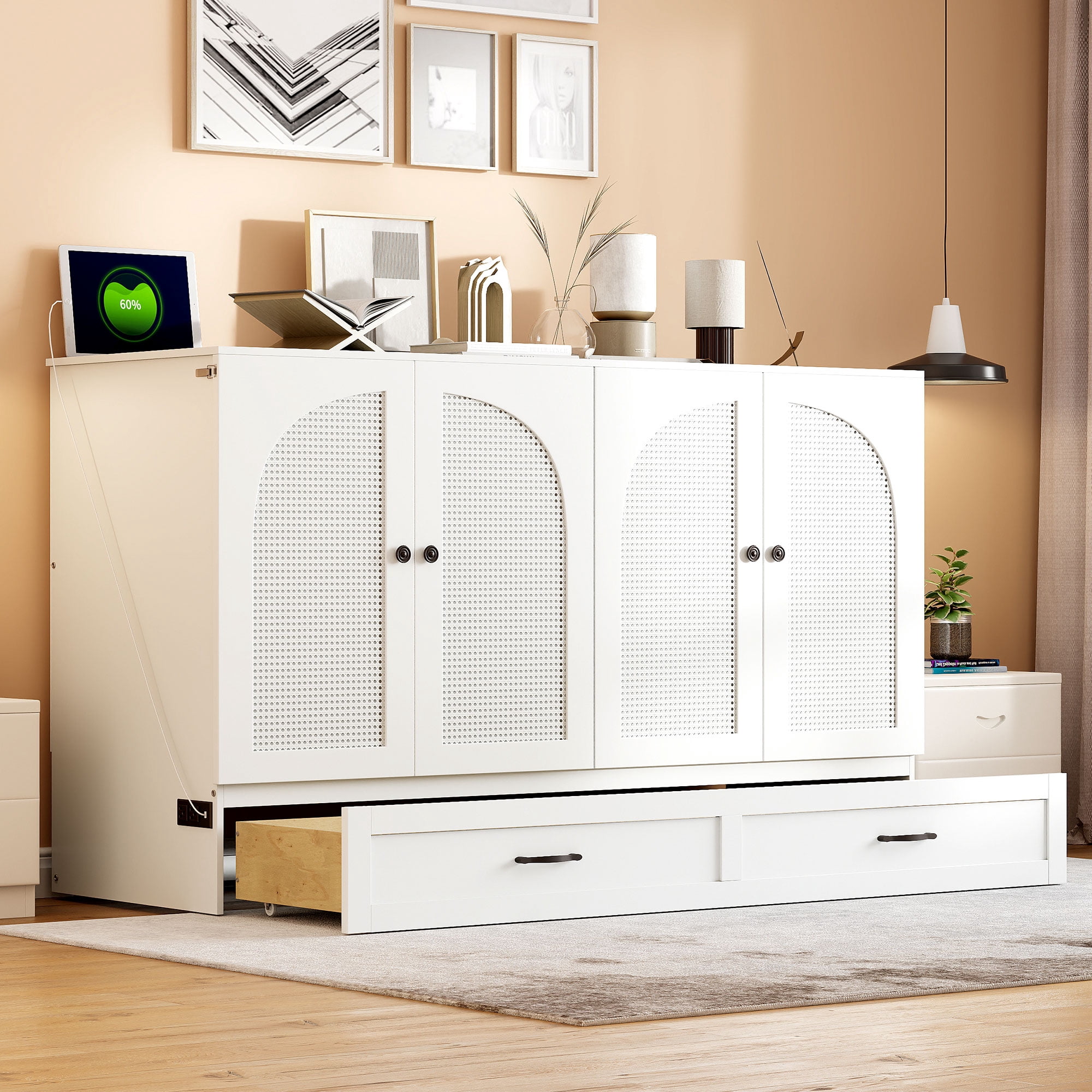 Mintazer Queen Murphy Bed with Rattan Cabinet & Storage Drawer, Modern Foldable Cabinet Bed with USB Port for Bedroom Apartment Guest Room, White