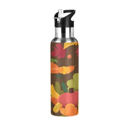 

600/1000ML Stainless Steel Sport Water Bottle with Straw Lid Leak Proof Vacuum Insulated Mug for Outdoor Activities Cycling Running & Walking Orange Thanksgiving Elements