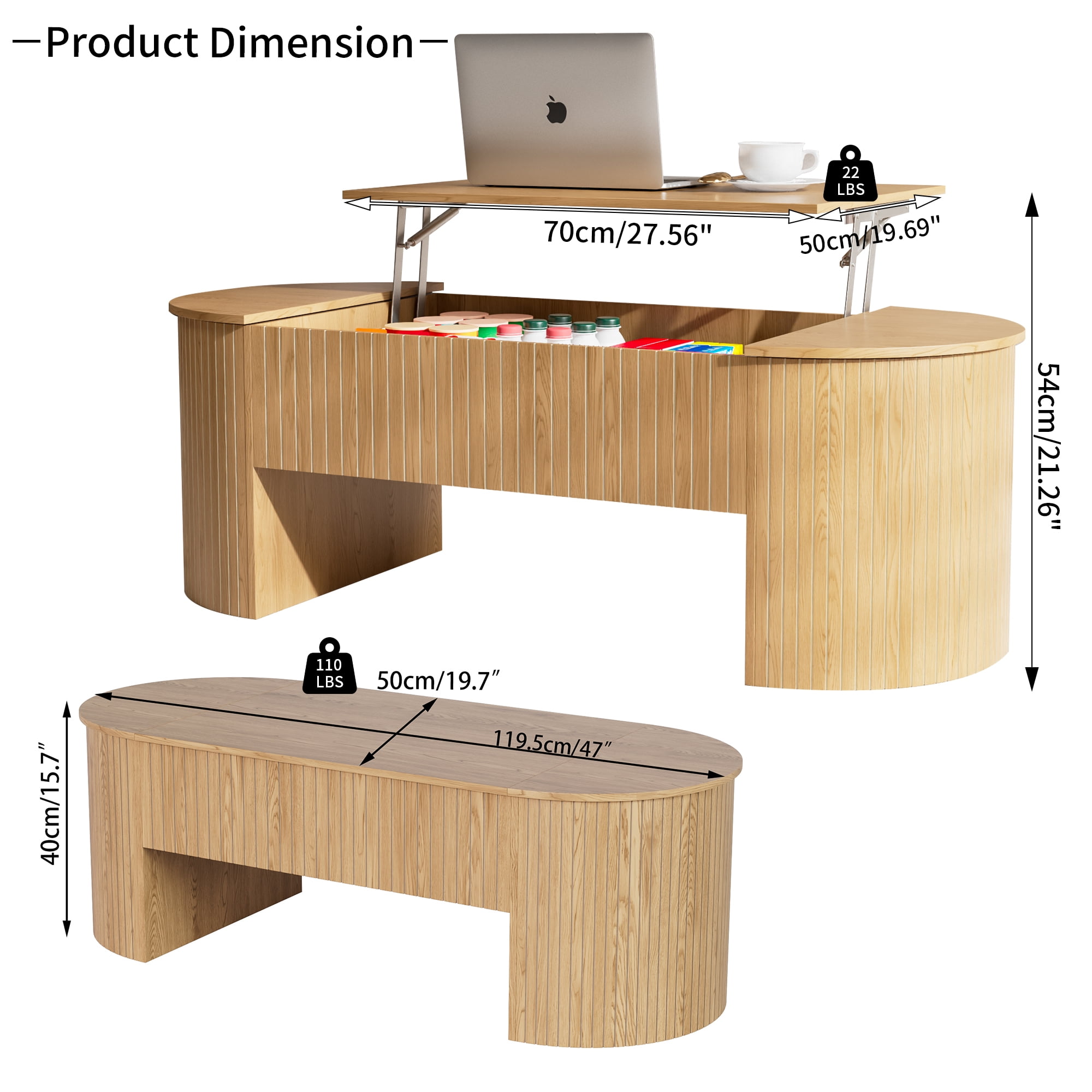 Diubas Oval Lift Top Coffee Table with Hidden Storage, Fluted Coffee Table Center Table for Home Living Room, Natural