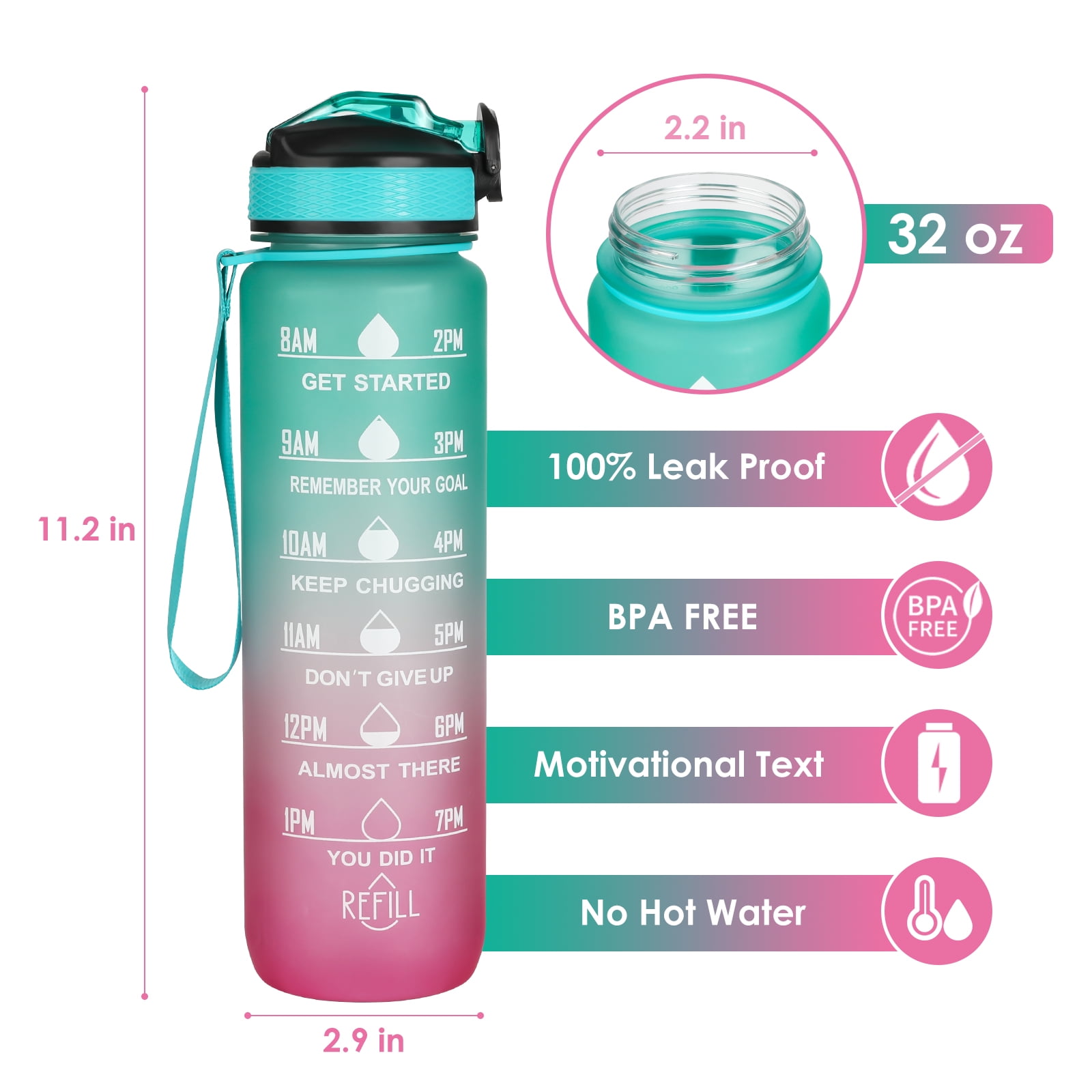 Hanmir 32oz Motivational Water Bottle with Time Marker Drinking Water Bottles with Straw Leakproof Tritan Sports Water Bottle for Gym Camping