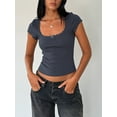 thumbnail image 2 of Lnzyyephy Women T-shirt, Short Sleeve Square Neck Lace Patchwork Bow Summer Tops Streetwear, 2 of 7