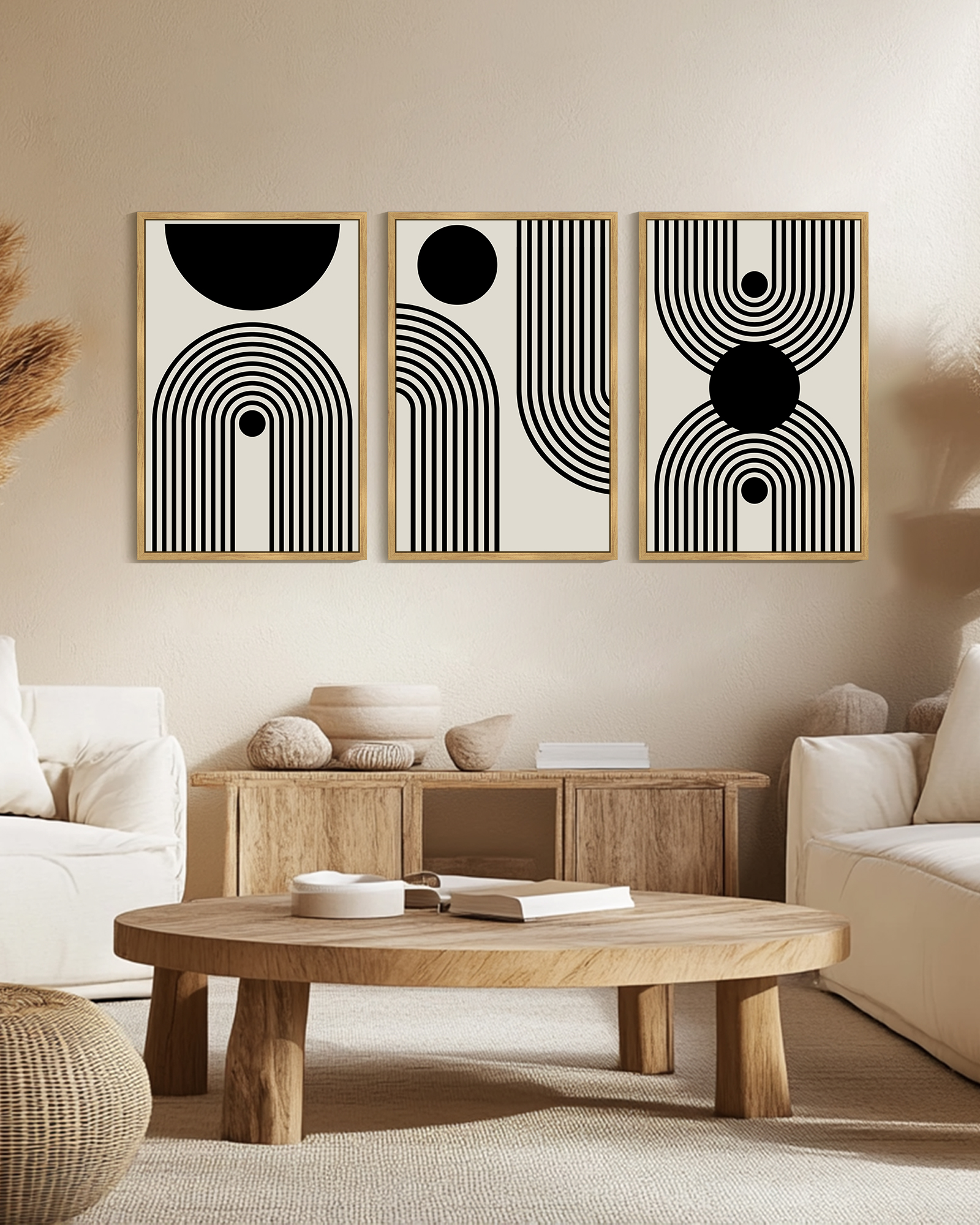 SHENIFY 24x36in3pcs Natural Framed Black Abstract Boho Wall Art Decor Bohemian Canvas Prints Ready To Hang