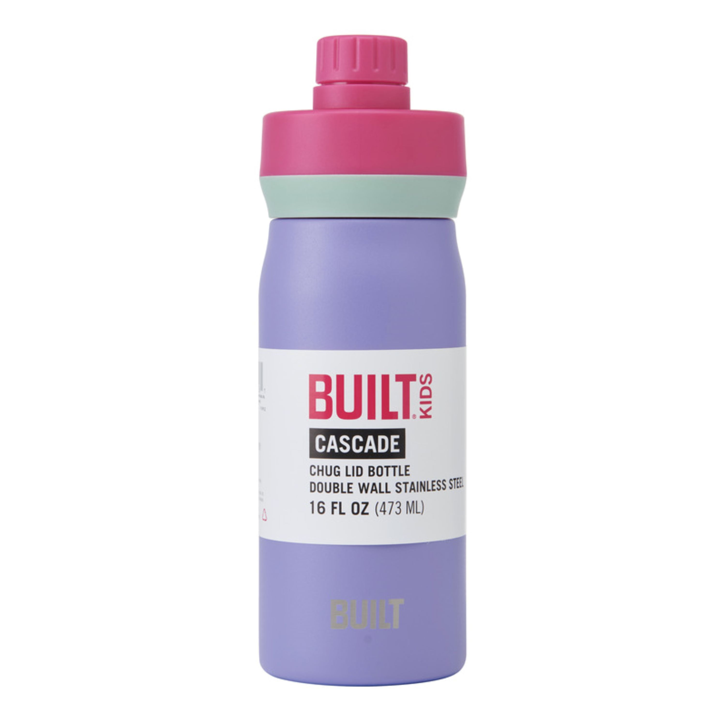 BUILT Cascade 16 oz Stainless Steel Kids Water Bottle with Leakproof Flip-Top Chug Lid, Purple