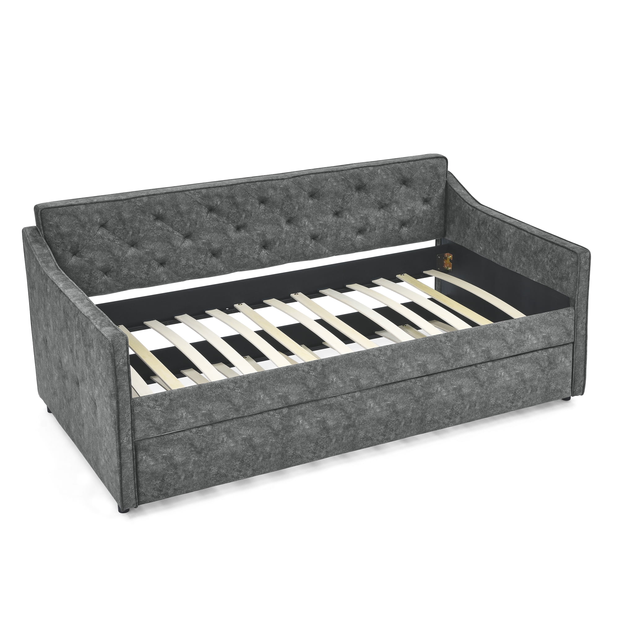 Aukfa Twin Daybed with Trundle, Upholstered Daybed with Tufted Back - Gray