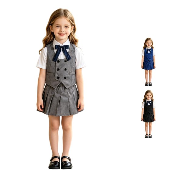 WAYUTE Girls 3 Piece School Uniform Outfit Sleeveless Button Front Vest and Pleated Skirt with Bow Tie Kids Formal Clothing Set Casual Daily Wear,Grey,Size 9-10 Y
