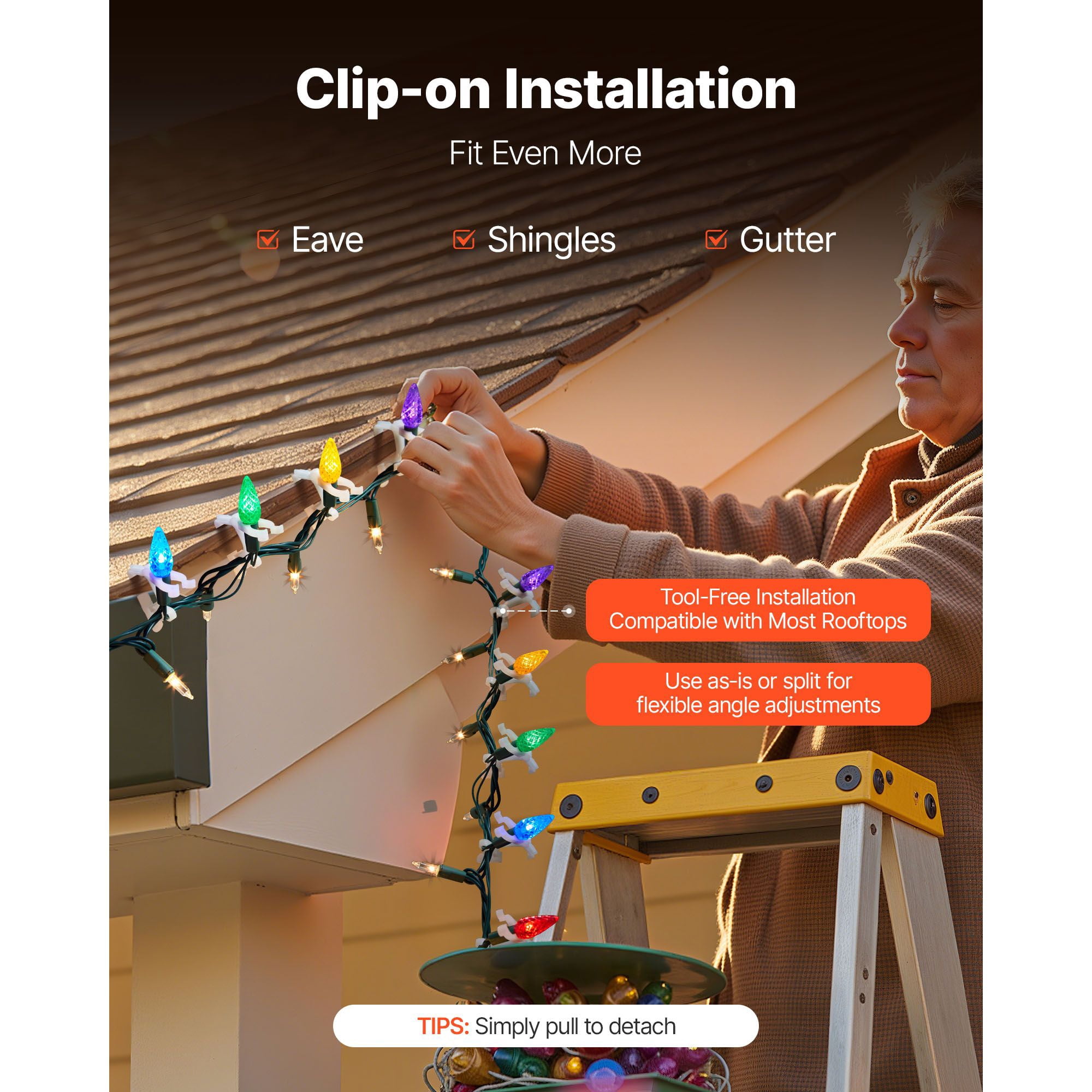 Christmas Light Clips, 200 Pack, Weatherproof Holiday Outdoor Lighting Hanging Hooks, Mount to Shingles & Gutters, for C3, C4, Mini, Outside String Lights, Christmas Decoration, No Tool Required