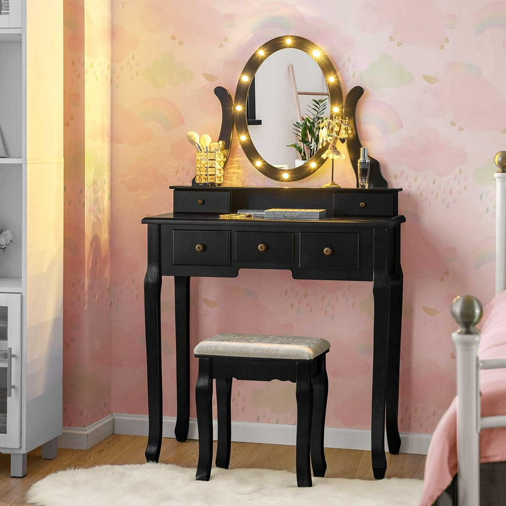 Topbuy Lighted Vanity Mirror Set Makeup Dressing Table w/ 5 Drawers