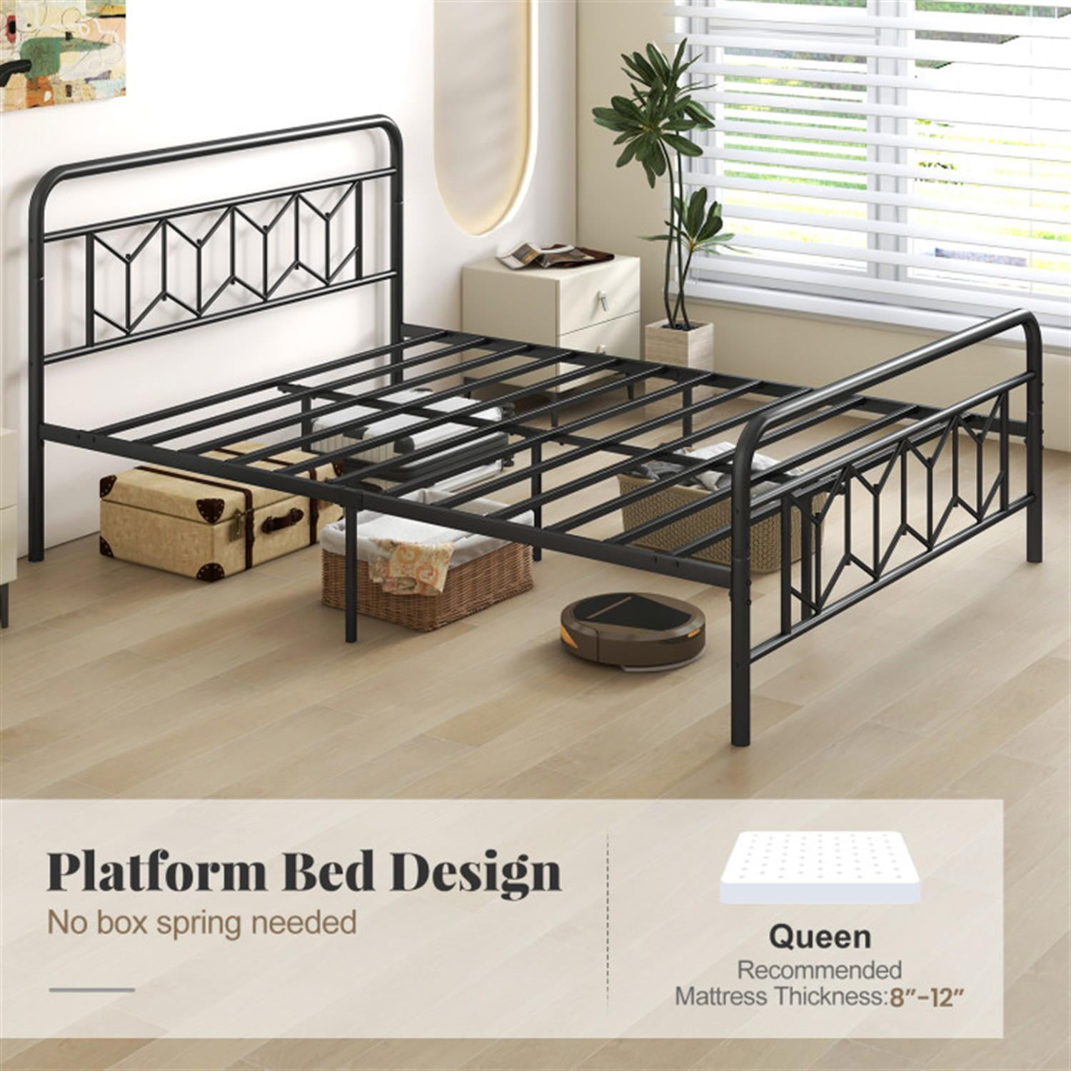 Demi Bonn Queen Size Bed Frame with High Headboard and Snap Lock Metal Slats, Platform Bed Frame with Under Bed Storage, No Box Spring Needed, Black