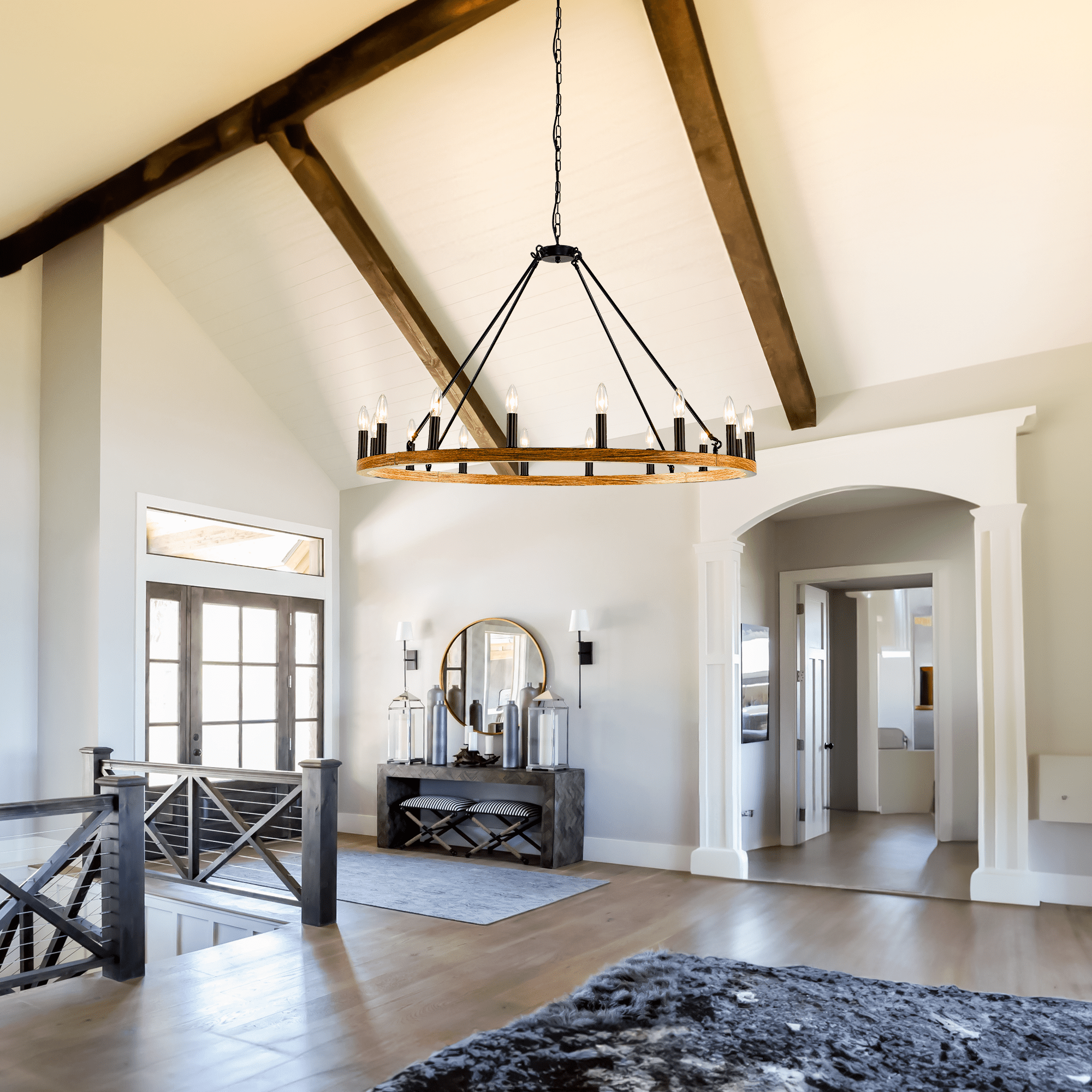 Magic Home 16-Light Big Wagon Wheel Chandelier,Modern Farmhouse Large Light Fixtures Large Round Chandelier,Round Kitchen Island Light,walnut color frame + black lamp head