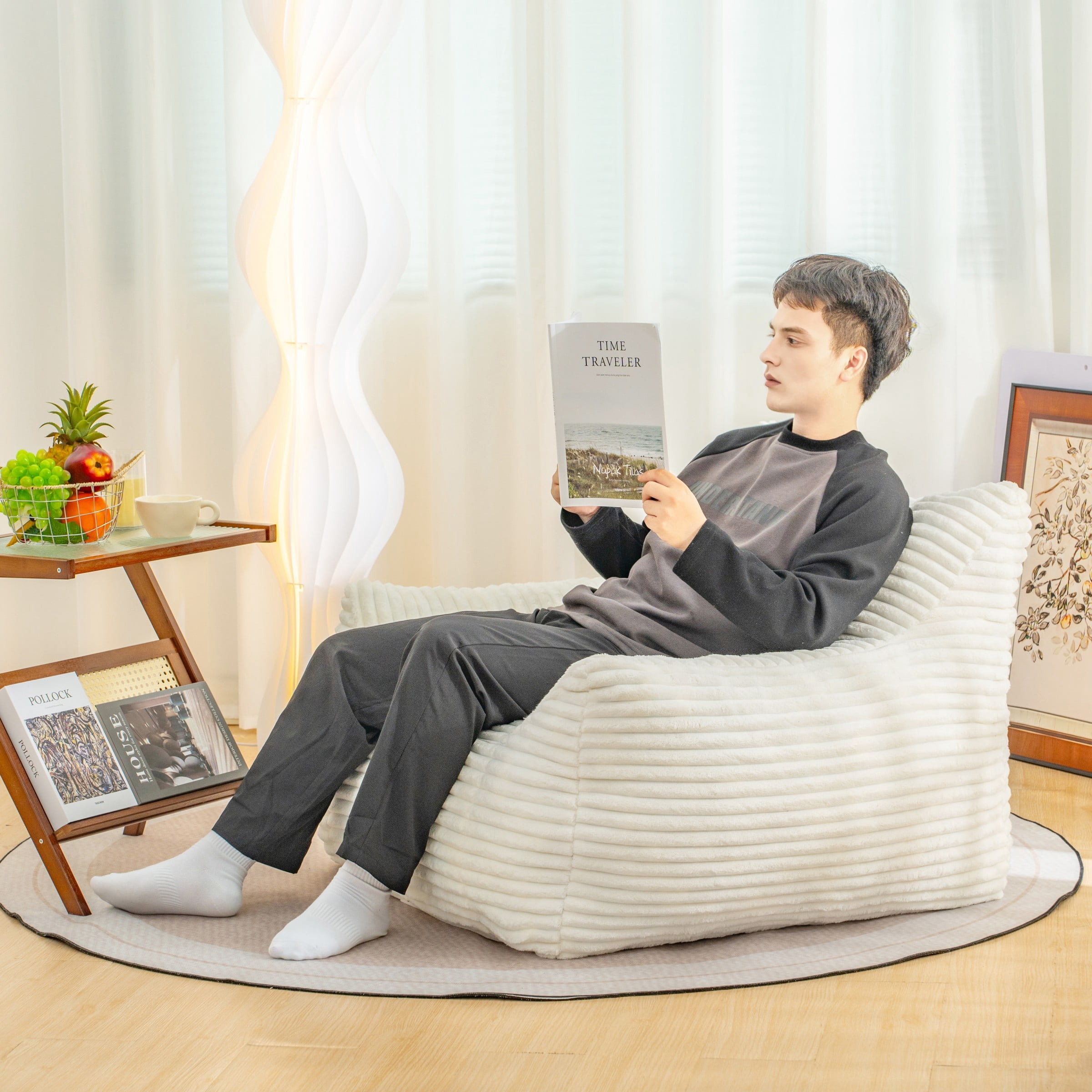 Oversized Bean Bag Chair for Adults with Armrests, Comfy Foam Lounge Sofa Chair for Living Room Bedroom Dorm, White