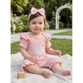 thumbnail image 5 of BemeyourBBs She‘s Here Baby Girls Spring Summer Fall Clothes Newborn Baby Girl Hospital Going Home Outfit Waffled Romper Bow Letter Print Ruffle Short Sleeve One Piece Jumpsuit with Headband, 5 of 9