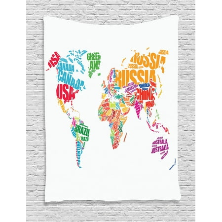 World Map Tapestry, World Map with Names of the Countries Europe America Africa Asia Graphic Style, Wall Hanging for Bedroom Living Room Dorm Decor, Multicolor, by