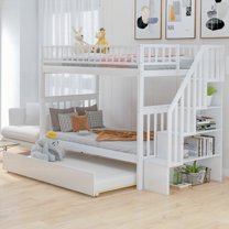 Twin over Twin Bunk Bed w/Trundle & Storage - White, Assembly Required, 4 Storage Shelves on Side