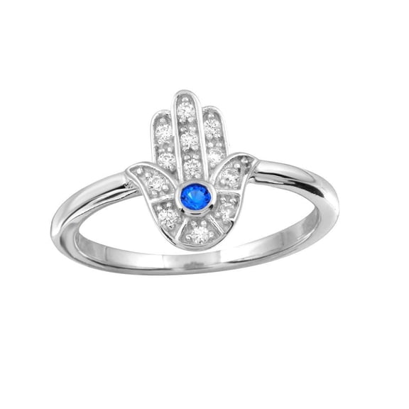 Rhodium Plated 925 Sterling Silver Blue & Clear CZ Hamsa Peace Ring Jewelry Female Size 7