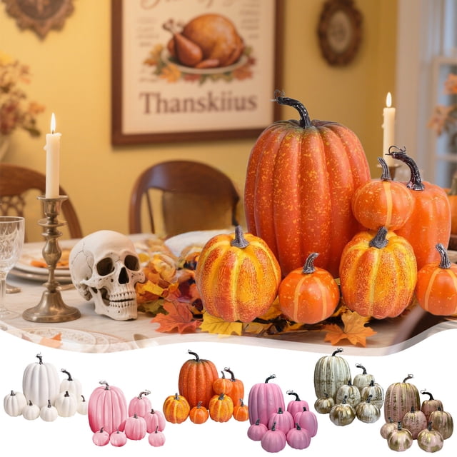 Juego De Calabazas De Plástico Calabazas decorativas de espuma para Halloween, juego de 7 piezas, adorno de simulación realista para decoraciones de fiesta Yulucky