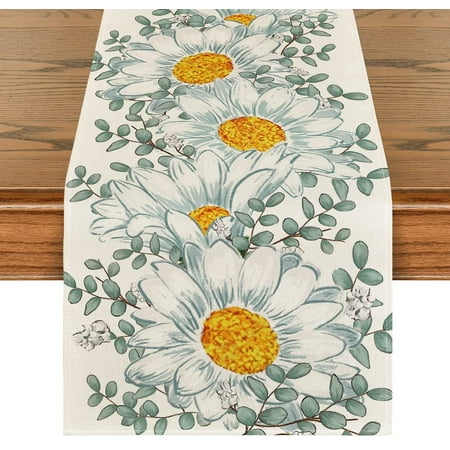 

Corn Poppy Eucalyptus Spring Table Runner Summer Kitchen Dining Table Decoration for Home Party Decor 13x72 Inch