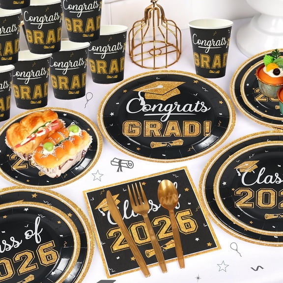 1 Set Clearance Under $7 Set Graduation Party Tableware Set Party Tableware For Party, Paper Paper Black