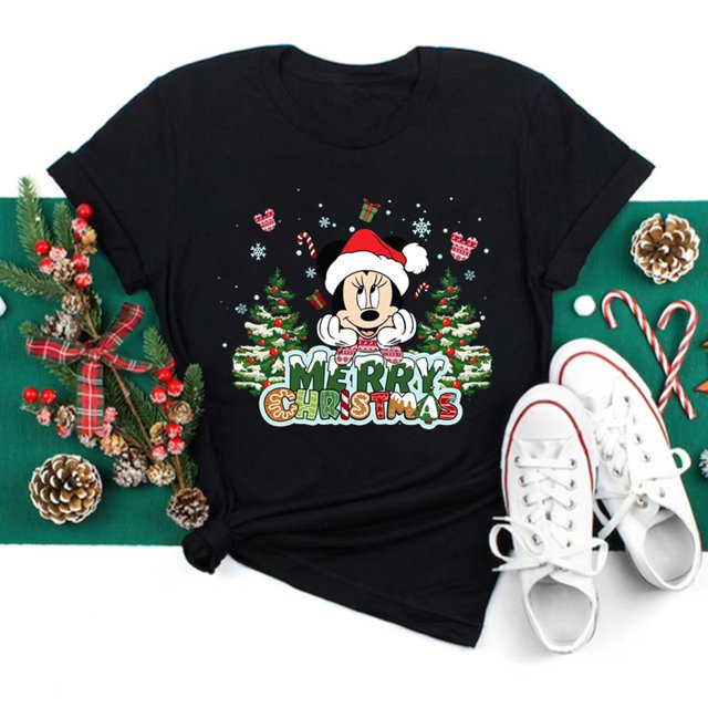 Camisetas con estampado de Disney para mujer, camisetas negras de Feliz Navidad Kawaii Y2K de los años 90, camisetas de Papá Noel, ropa Harajuku