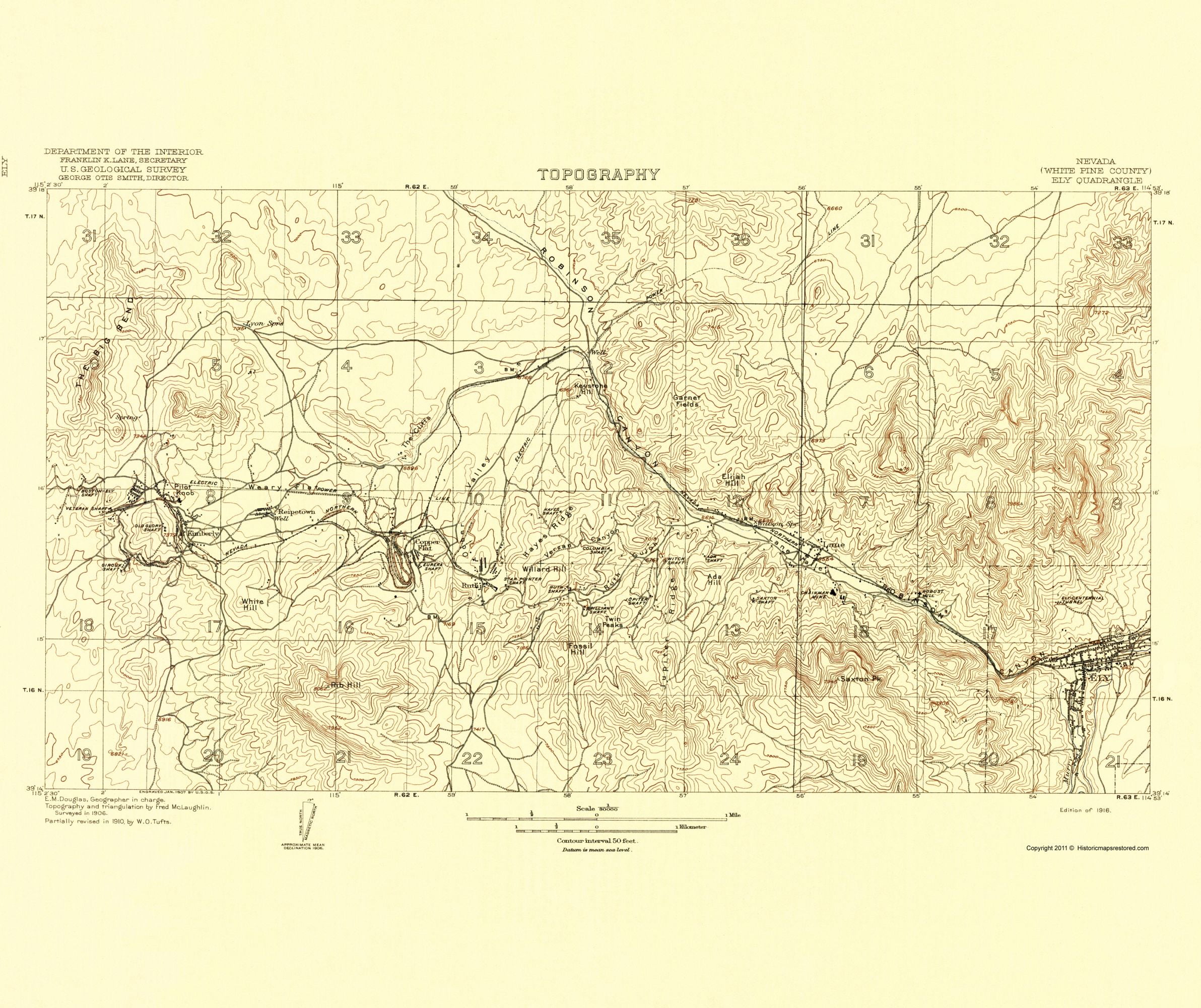 Topo Map Ely Nevada Quad Usgs 1916 2300 X 2741 Matte Art