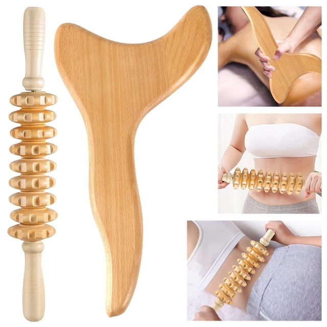 Herramienta de masaje Machomby Wooden Gua Sha para drenaje linfático, 2 unidades