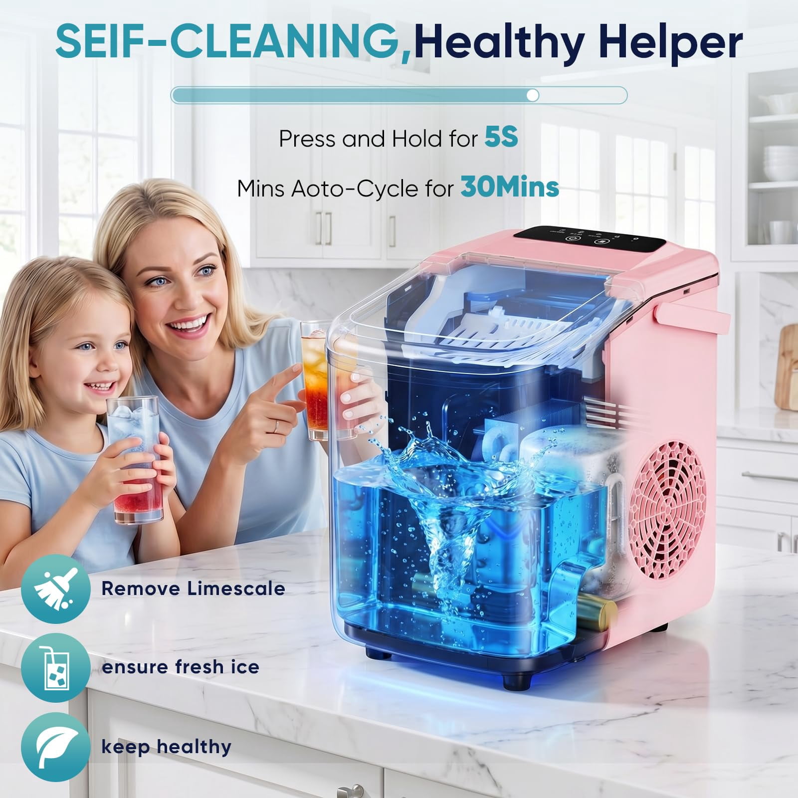 LIFERECORD Portable Ice Maker Countertop with Handle, 6 Mins for 9 Bullet Ice, 26lbs/24H, Self-Cleaning Compact Ice Machine for Home, Kitchen, Camping & Parties, Pink