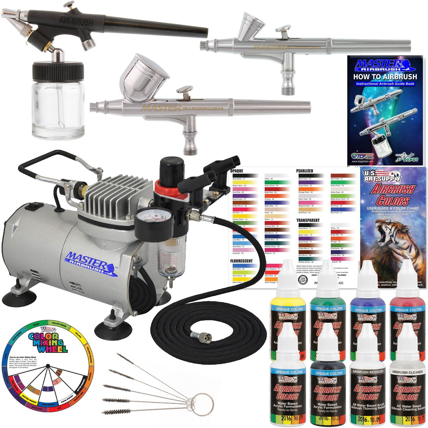 New 3 Airbrush  Kit  6 Primary Colors Air Compressor Dual 