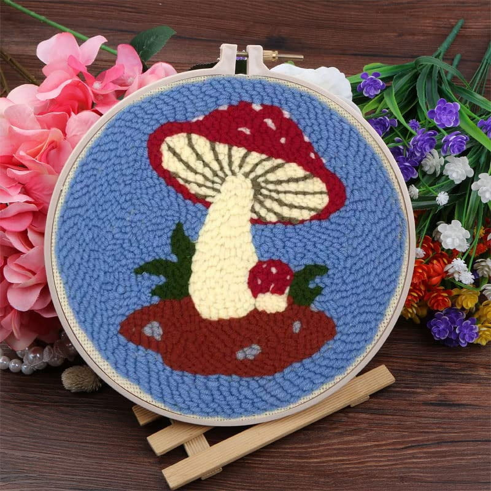 2 Pack Easy DIY Punch Needle Kits Embroidery Kits Set for Starter Kits with Stamped Color Pattern with Instruction,Yarn and Embroidery Wooden Handle Needle Pen (Owl & Mushroom)