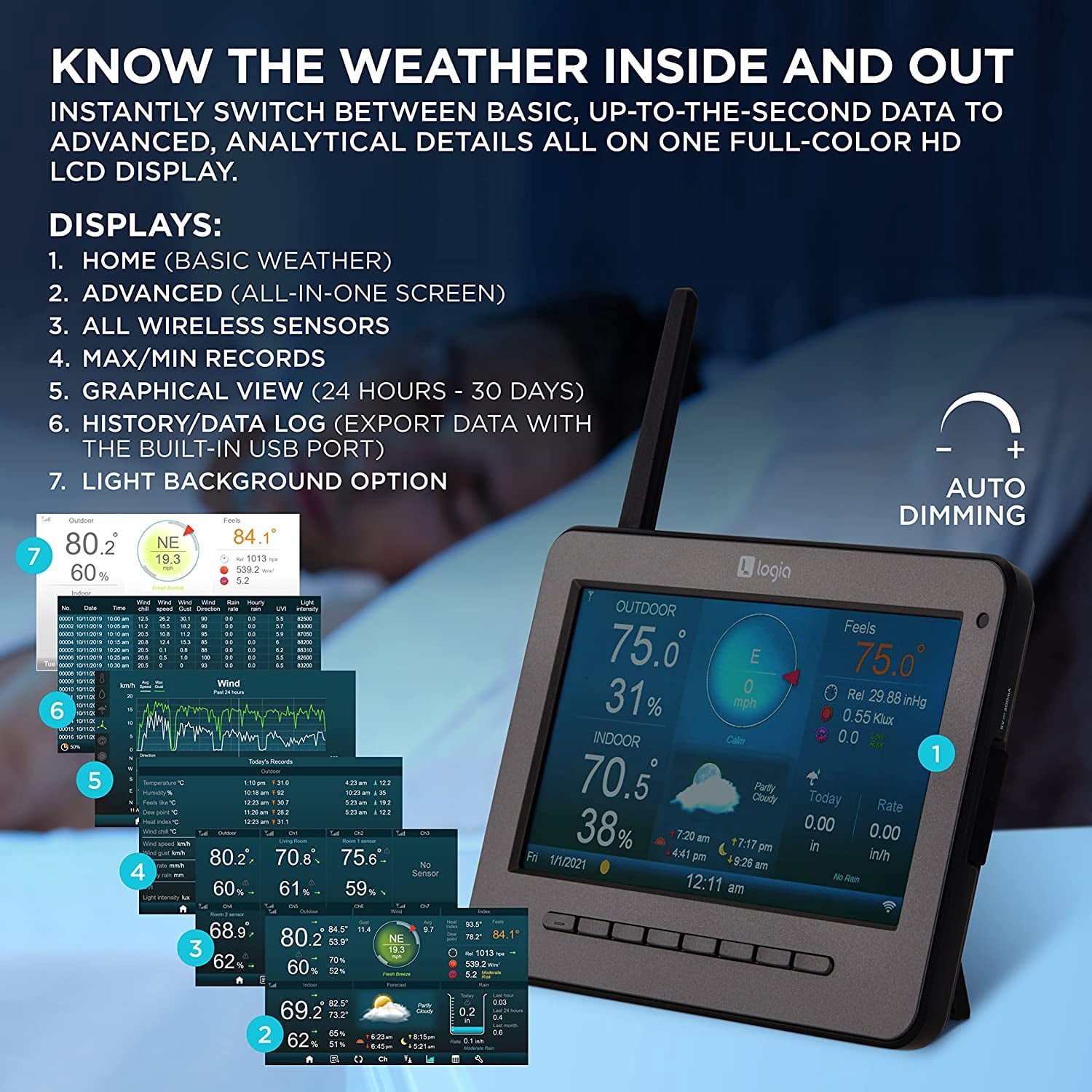 Logia 7-in-1 Wireless Self-Charging Weather Station with Wi-Fi, Solar Cell & 7” LCD HD Display