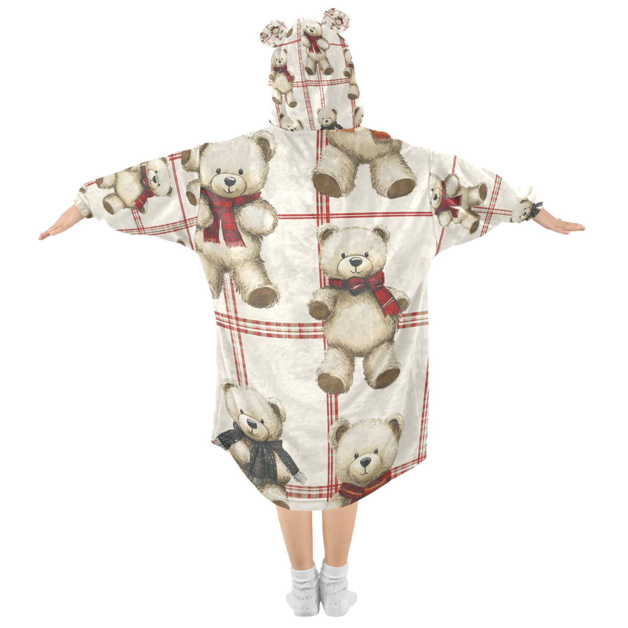 YAZAOO Kids Wearable Blanket Hoodie Warm and Cozy Bear Hugs and Checkered Love Flannel Sweatshirt