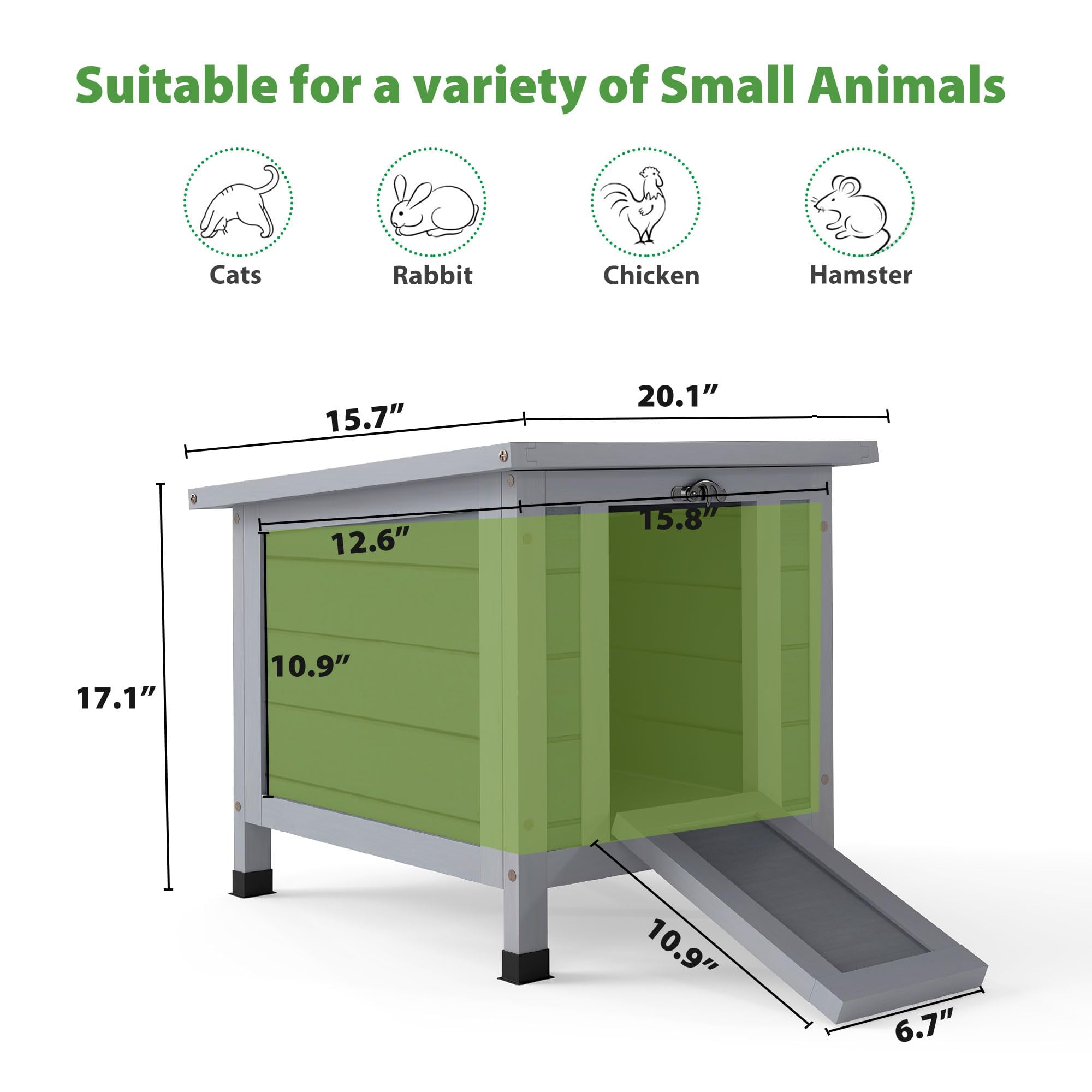 Rabbit hutch, outdoor cat house, weatherproof indoor rabbit hutch with opening door, portable small animal shelter with non-slip ramp