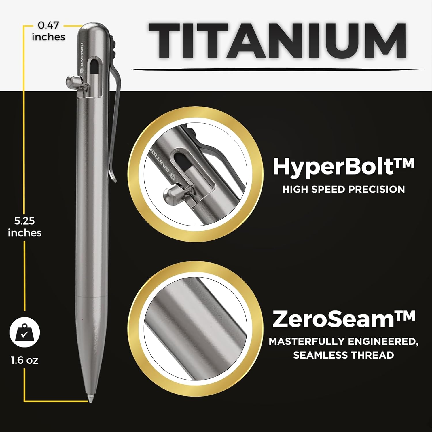 Bastion Titanium Bolt Action Pen, Ballpoint Refillable, 1 Count