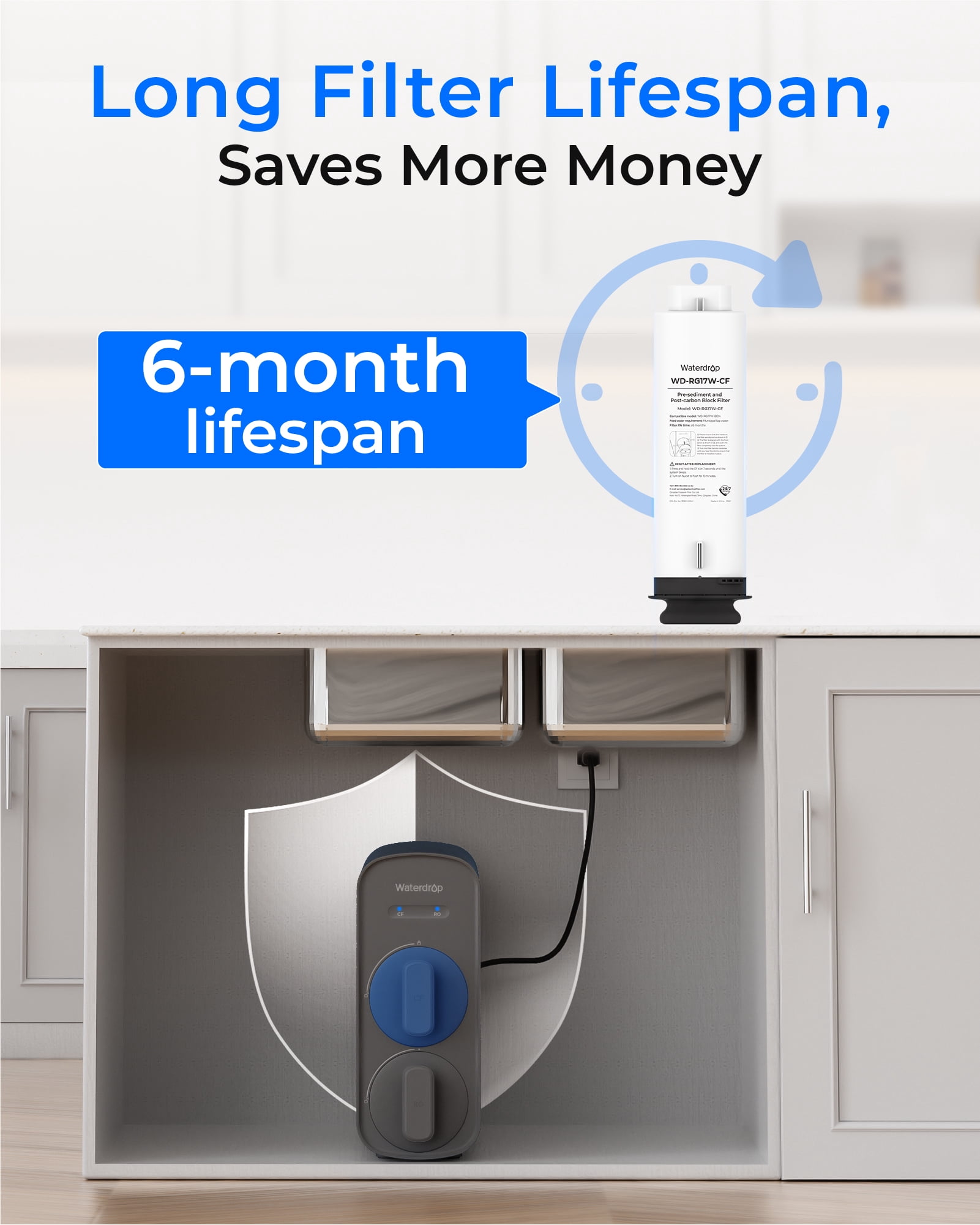 Waterdrop WD-G5P700-Pro-CF Filter, Replacement for WD-G5P700-Pro Undersink Reverse Osmosis System, 6-month Lifetime